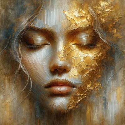 The primary subject of the image is a woman's face, which is the main focus of the painting. The setting is a painting of a woman's face, and the visual style is a painting with gold accents. The colors and mood of the painting are warm and inviting, with the gold accents adding a touch of luxury and elegance.